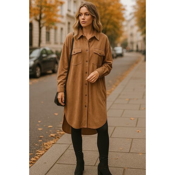 Easel Los Angeles Oversized Shirt Jacket Coat Camel Brown L NWT Soft Stretch - Picture 1 of 12